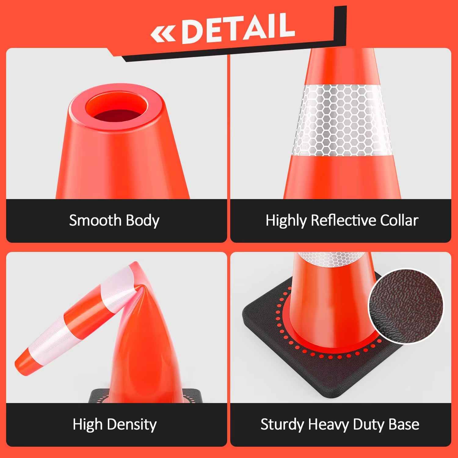 36'' height PVC traffic cone With Black Base and 3 pcs ReflectiveTapes wind-resistant durable Cone