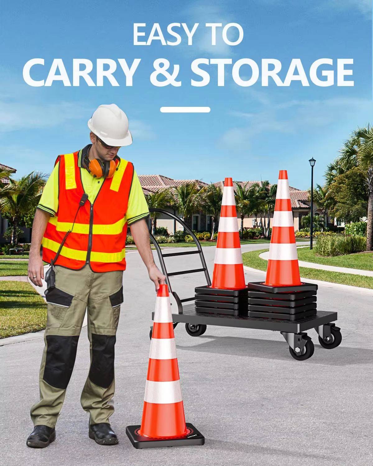 36'' height PVC traffic cone With Black Base and 3 pcs ReflectiveTapes wind-resistant durable Cone