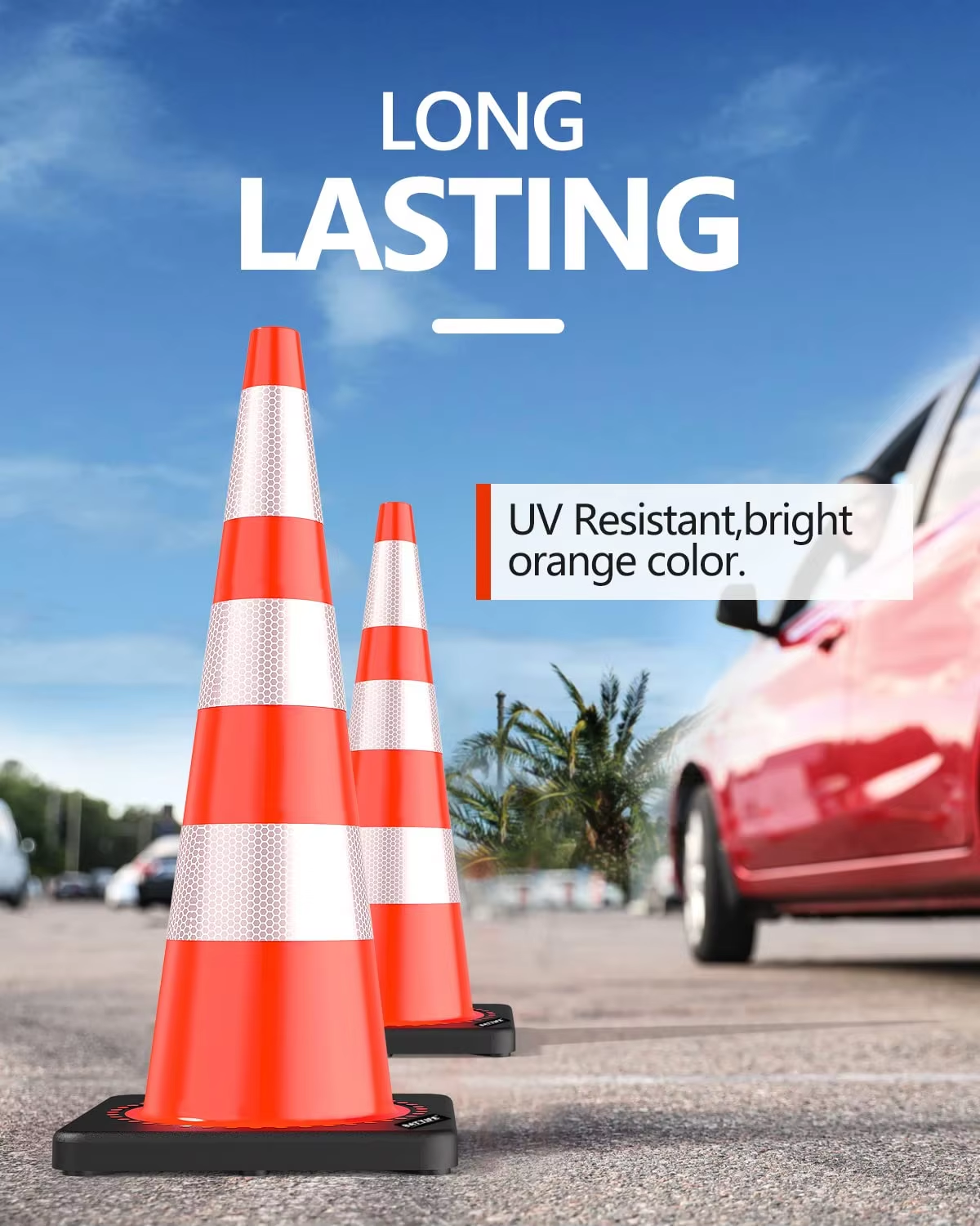 36'' height PVC traffic cone With Black Base and 3 pcs ReflectiveTapes wind-resistant durable Cone