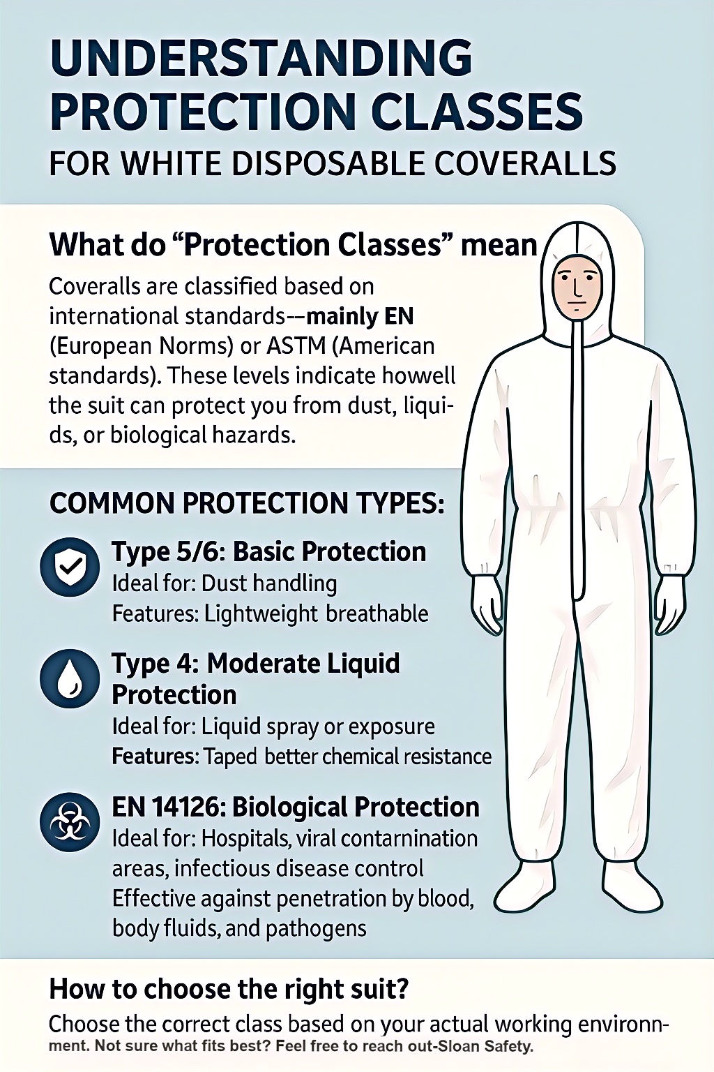Different protection levels for white disposable coveralls